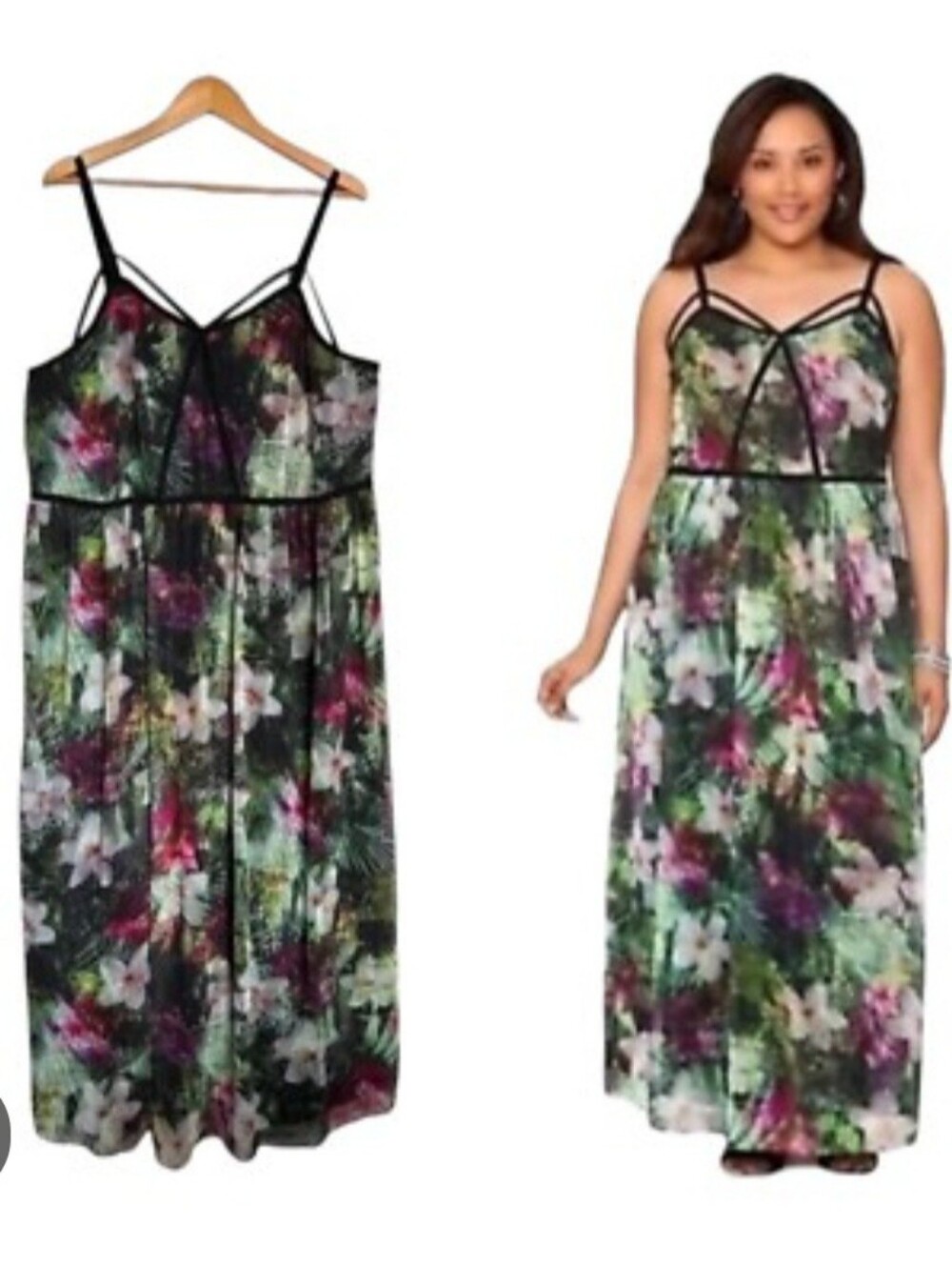 Lane Bryant Strappy Floral Black-Trim Maxi Dress - Green & Purple Bloom.  Sz.18